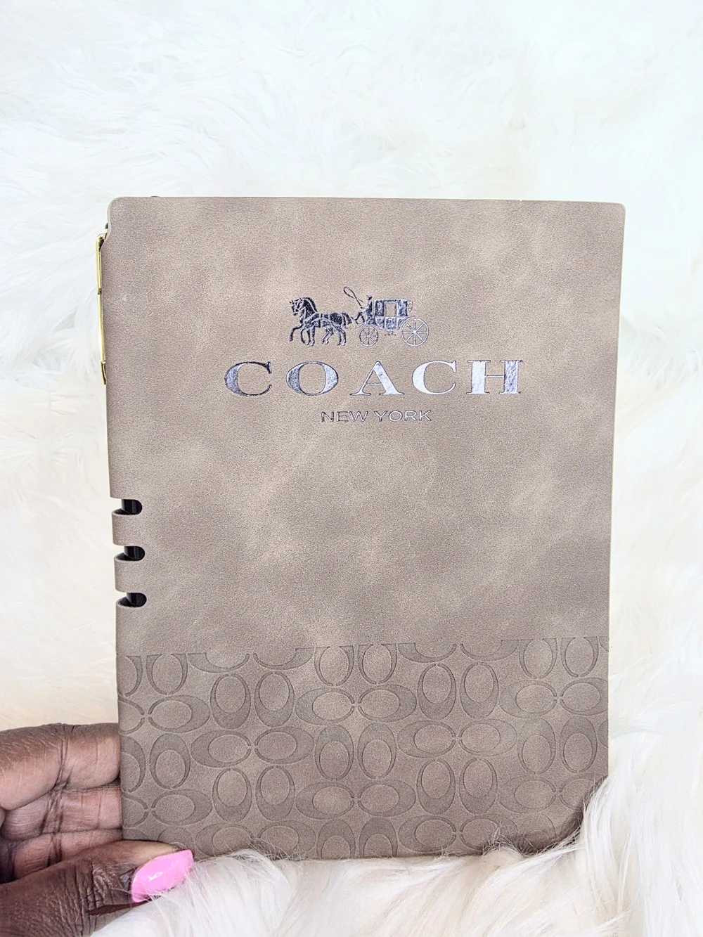 Coach Faux Leather Taupe Notebook and Coach Pen Set Coach New York Logo New